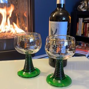 German style wine glasses with gold rims, grape, and leaf design. Set of 2